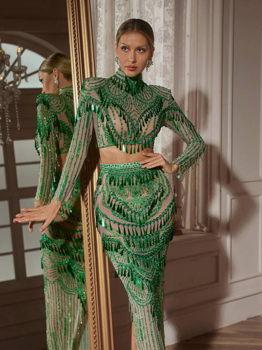 Green Sequin Skirt Set