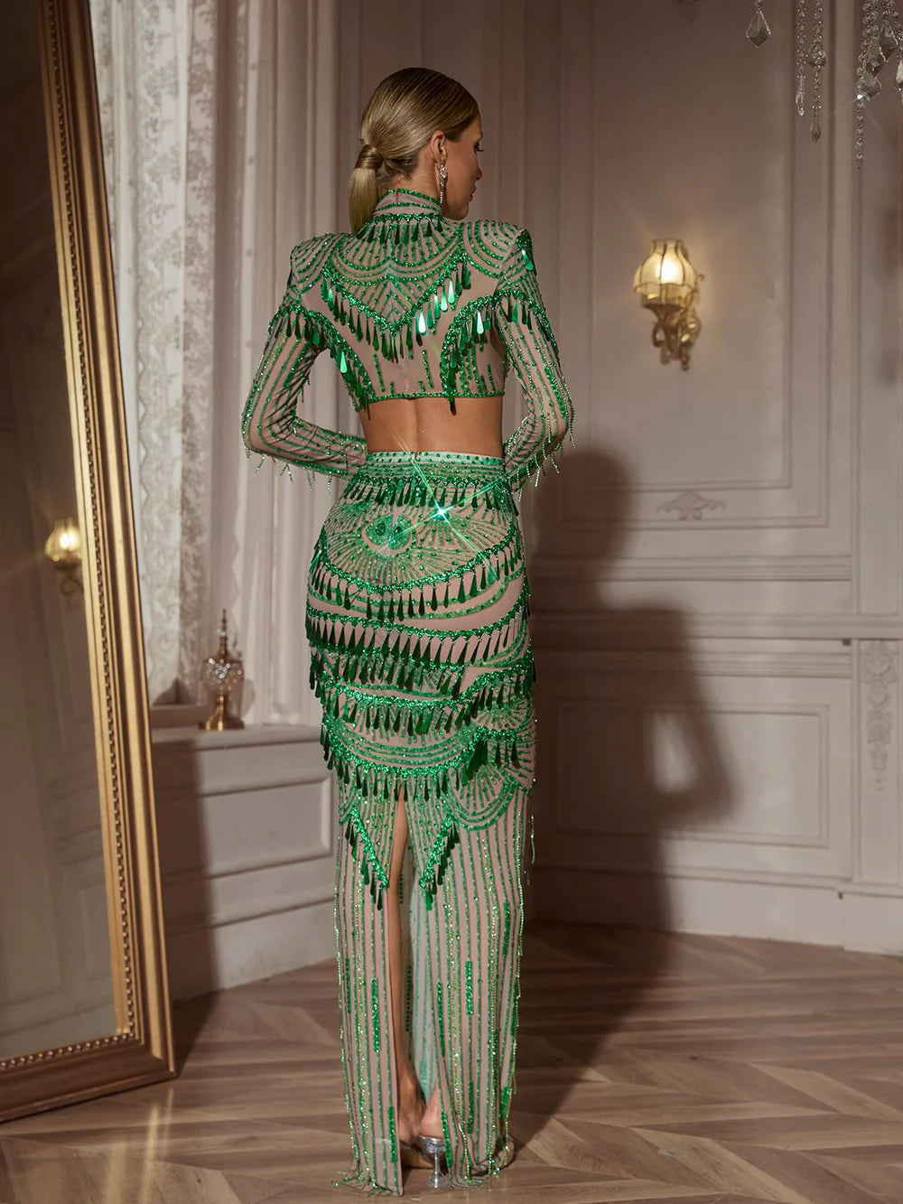 Green Sequin Skirt Set